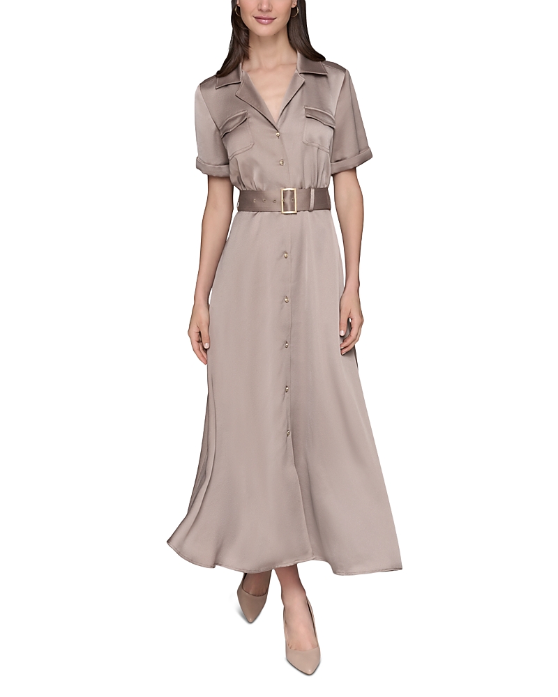 Karl Lagerfeld Paris Satin Belted Midi Shirtdress