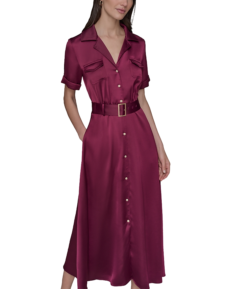 Karl Lagerfeld Paris Satin Belted Midi Shirtdress