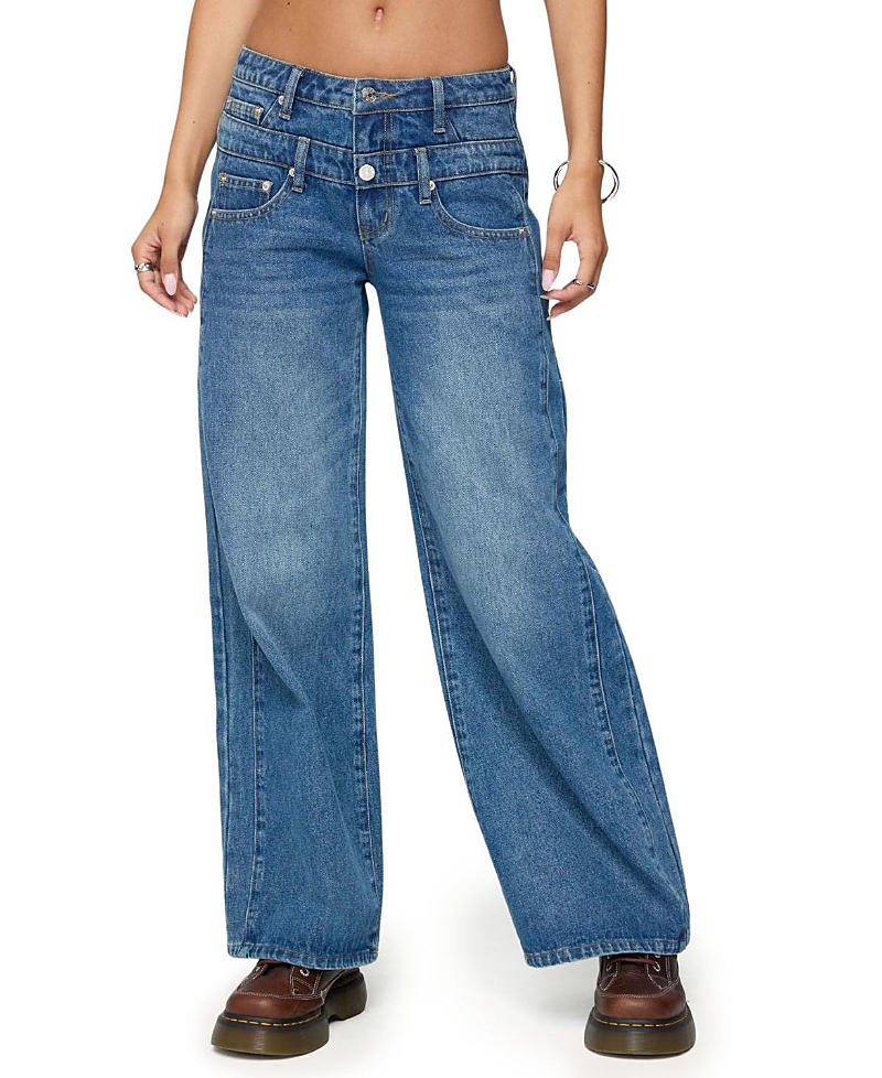 Edikted Abel Layered Look Low Rise Jeans in Denim Wash