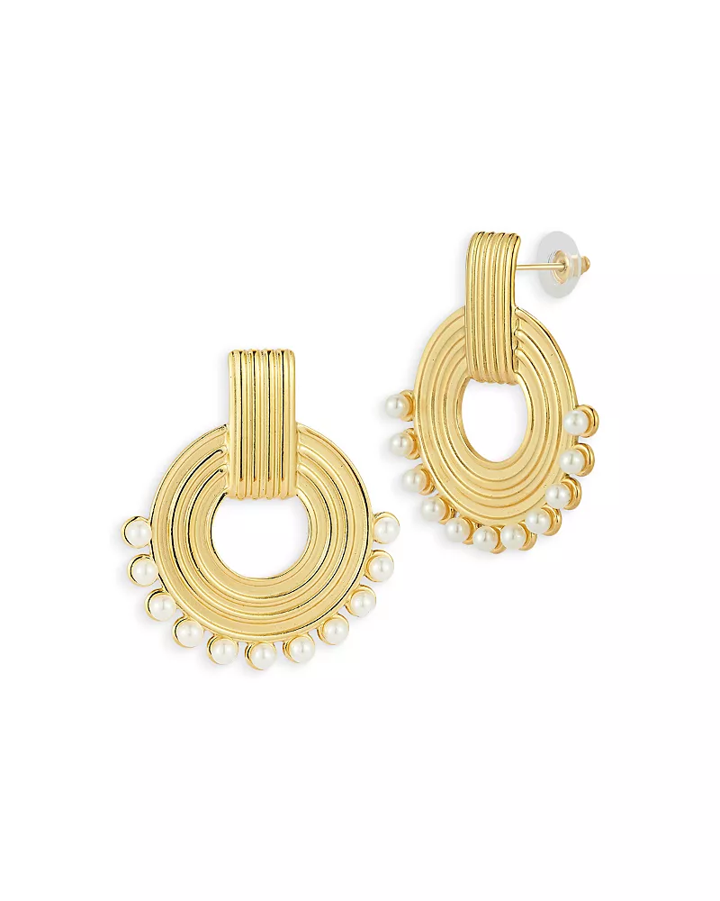 Aqua Imitation Pearl Ribbed Hoop Drop Earrings - Exclusive