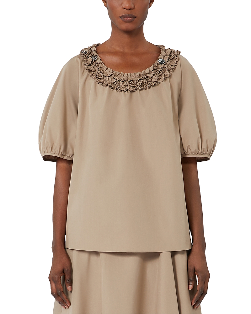 Max Mara Oriana Ruffle Neck Cotton Top In Neutral