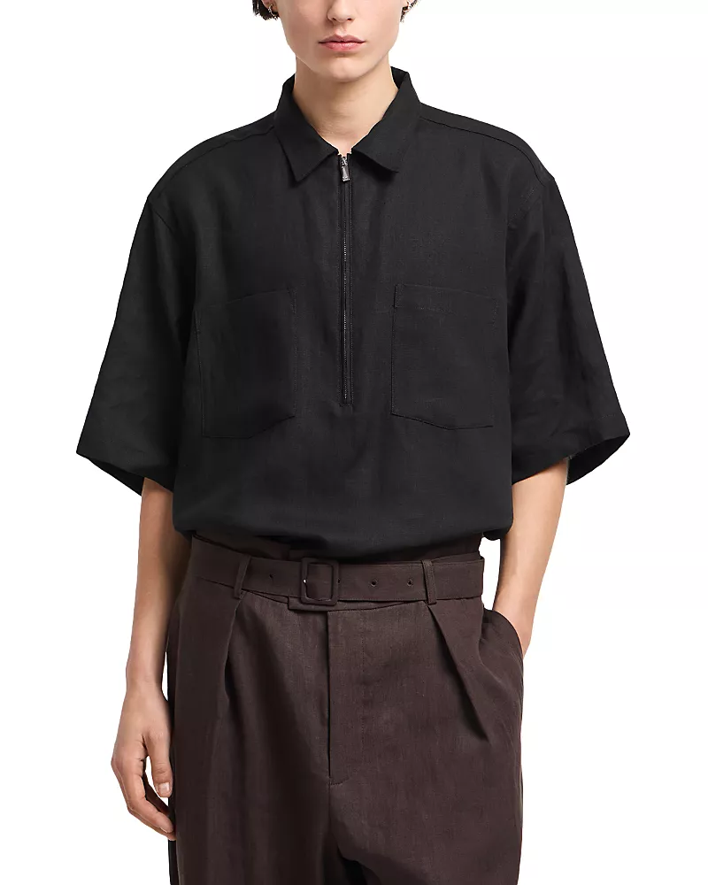 Emporio Armani Regular Fit Zip Linen Polo Shirt
