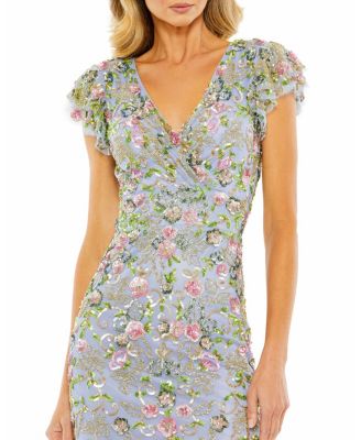Floral Embellished Flutter Cap Sleeve Dress