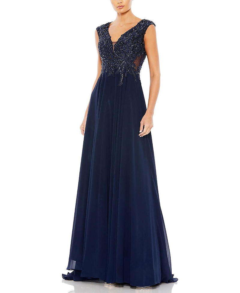 Mac Duggal Appliqued Cap Sleeve Bodice Flowy Gown