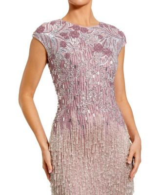 Short Sleeve Mesh Gown With Fringe Beading