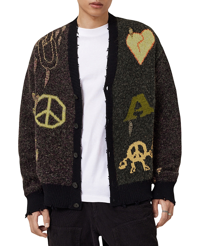 Allsaints Emotive Oversized Jacquard Cardigan In Black