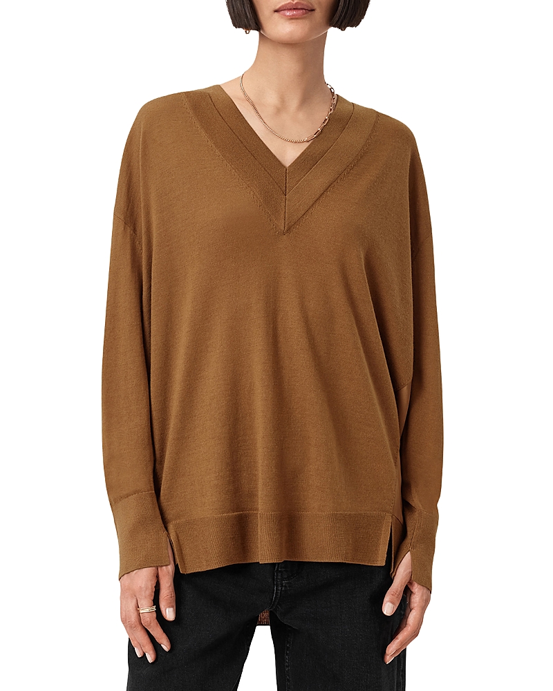 Allsaints Womens Caramel Brown Bern V-neck Contrast-panel Merino-wool Jumper In Brown