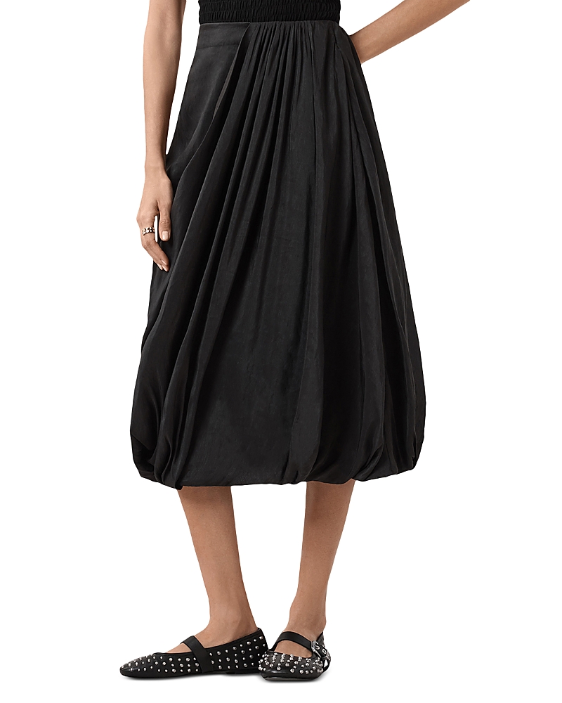 Allsaints Nia Pleated Bubble Hem Midi Skirt In Black