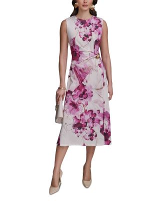 Donna Karan - Floral Satin Gathered Waist Dress