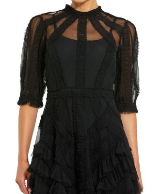 High Neck Puff Sleeve Ruffle Tiered Dress