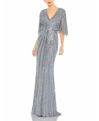  Sequined V Neck Cape Sleeve Column Gown