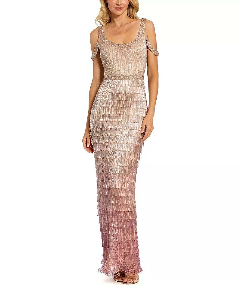 Mac Duggal Scoop Neck Embellished Fringe Gown