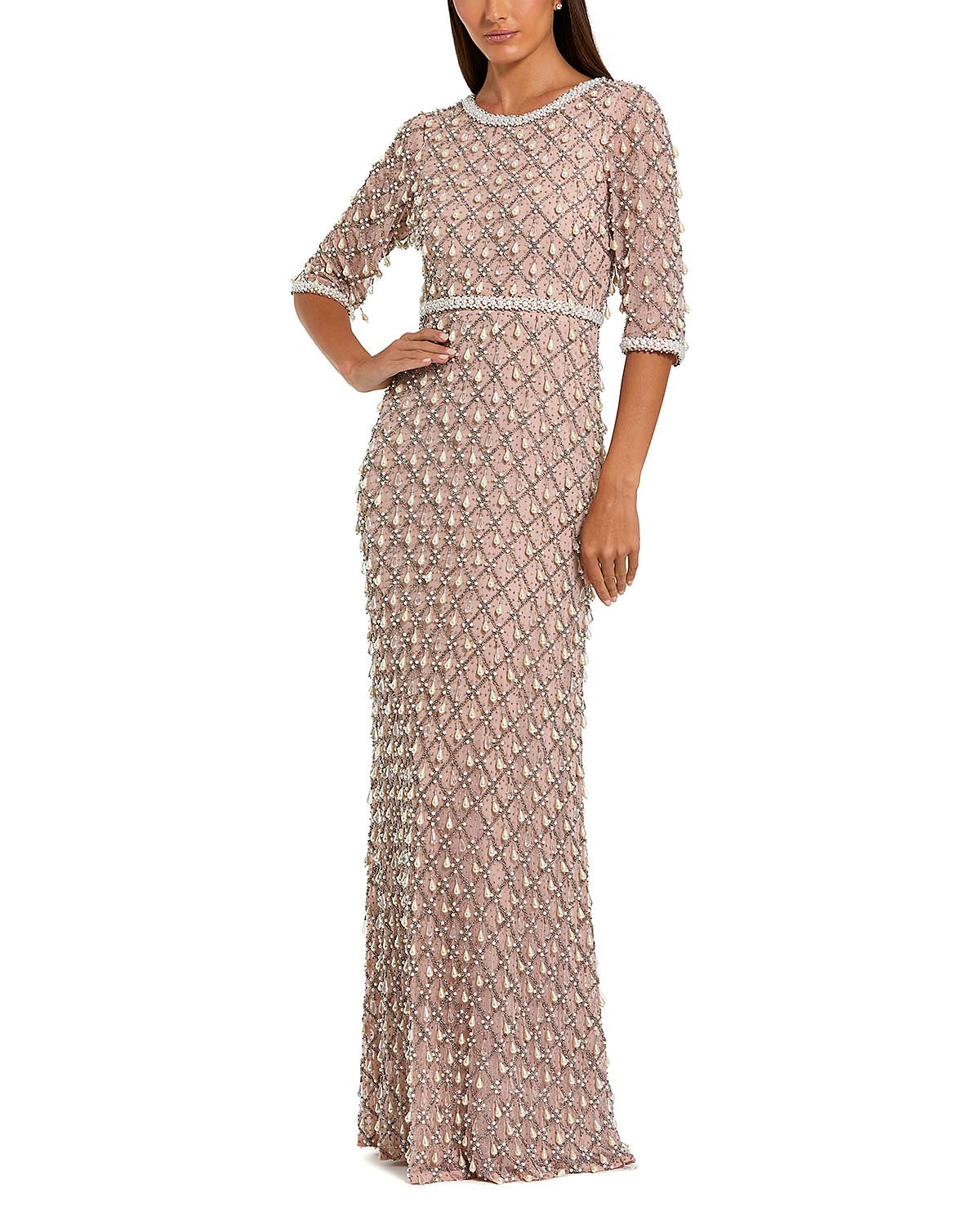 Mac Duggal 3/4 Sleeve Pearl Embellished Mesh Gown