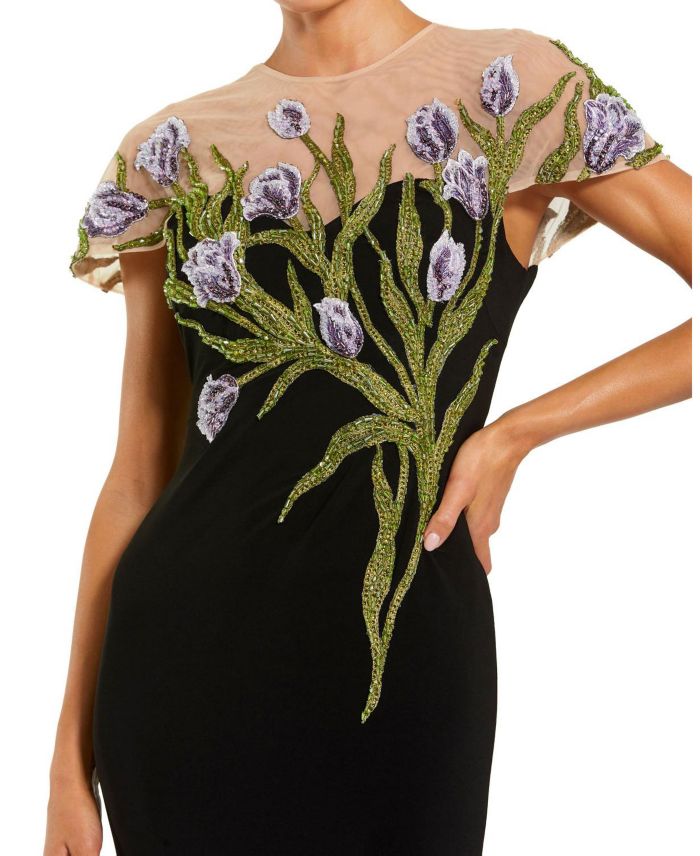 Jersey Floral Embroidered Illusion Neck Gown