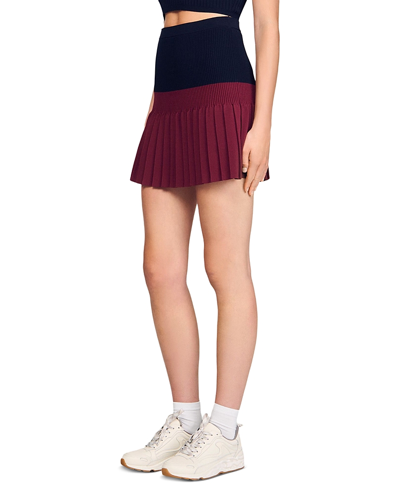 Sandro Womens Navy Blue Two-tone Pleated Knitted Mini Skirt In Burgundy