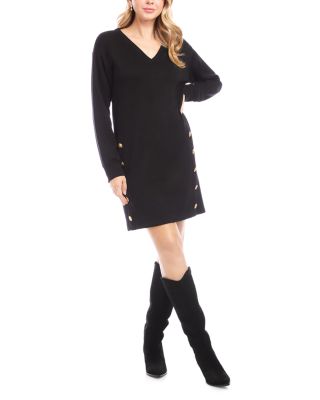 Long Sleeve V Neck Button Detail Dress