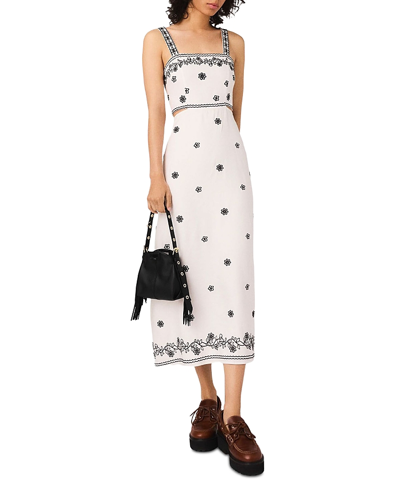 Maje Linen-blend Embroidered Cut-out Maxi Dress In White