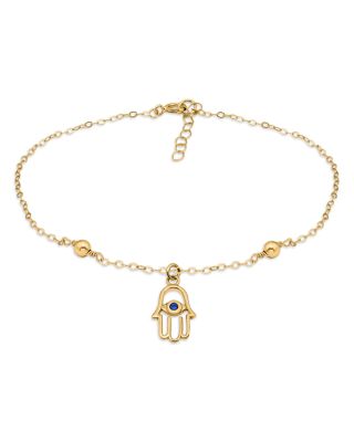 AQUA - 18k Gold Over Sterling Silver Blue Pav&eacute; Hamsa Hand Ankle Bracelet - Exclusive