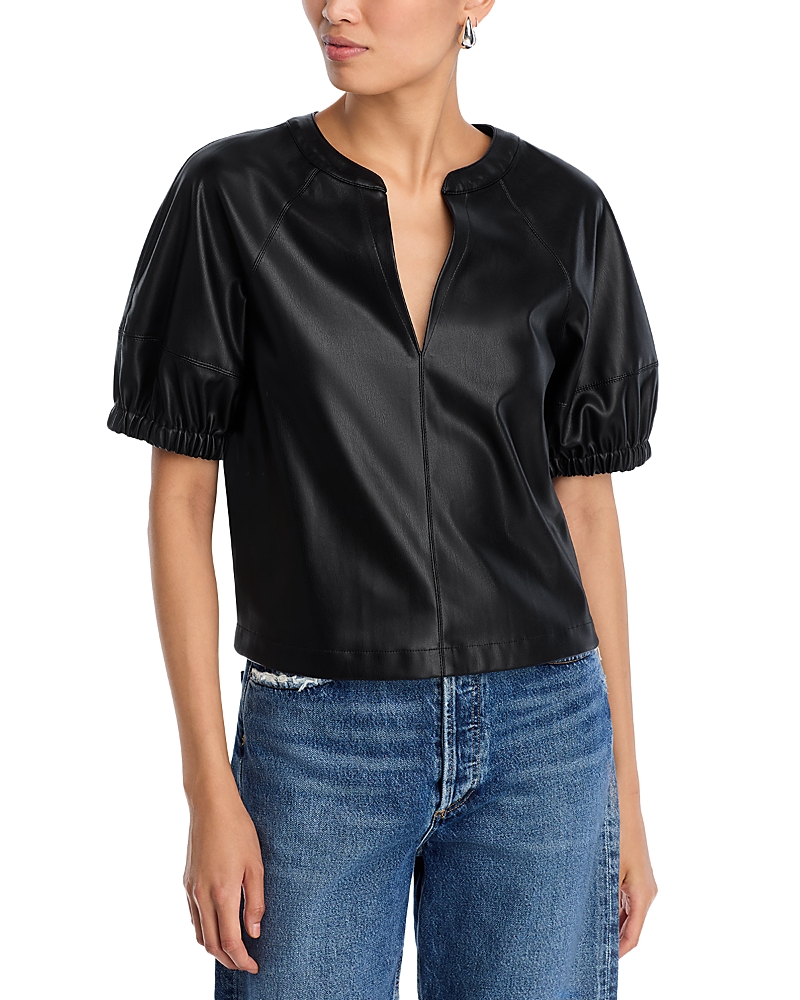 Steve Madden Roxanne Faux Leather Split Neck Top In Black
