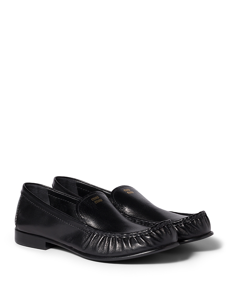 Miu Miu Gathered Detail Black Buffalo Leather Loafers In Black