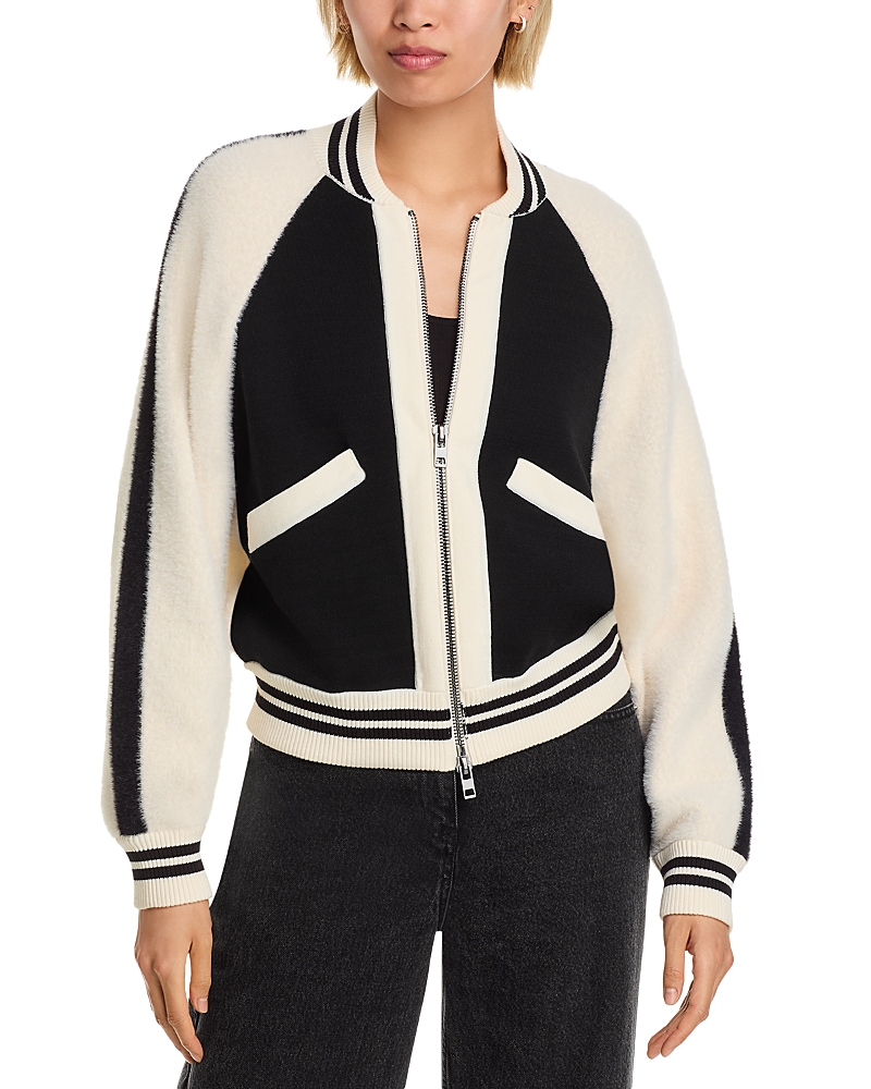 Essentiel Antwerp Black And White Faux Fur-panelled Knitted Bomber Jacket In Black