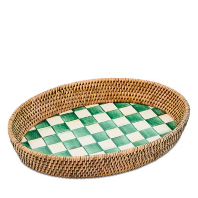 Emerald Check Enamel and Rattan Large Tray