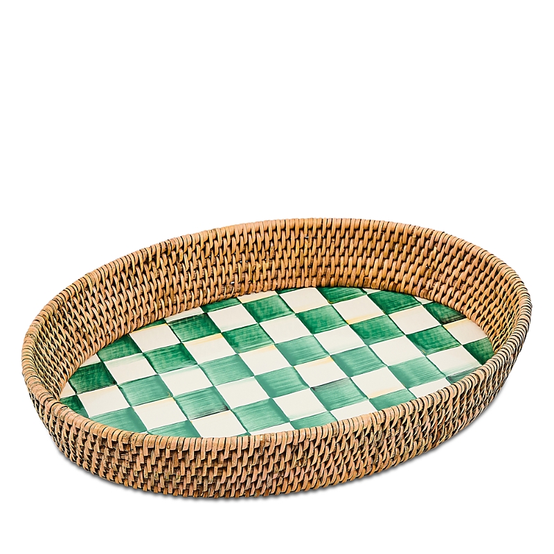 Mackenzie-childs Emerald Check Enamel And Rattan Large Tray In Green