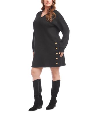 Plus Long Sleeve V Neck Button Detail Dress