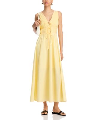 V Neck Tie Front Yellow Midi Dress