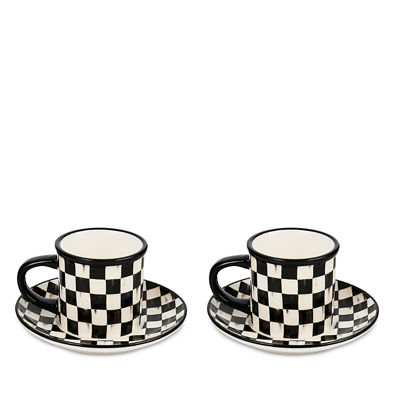 Mackenzie-childs Courtly Check Stoneware Espresso Cup & Saucer, Set Of 2 In Black