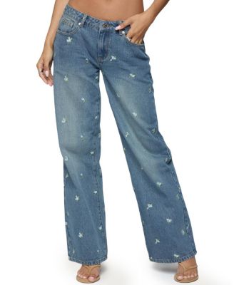 Edikted - Edna Floral Embroidered Low Rise Medium Rinse Wash Jeans