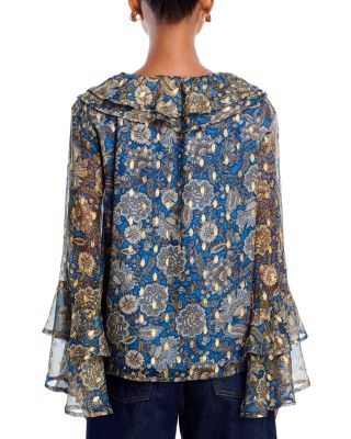 Block Floral Metallic Dot Ruffle Tie Front Blouse - Exclusive
