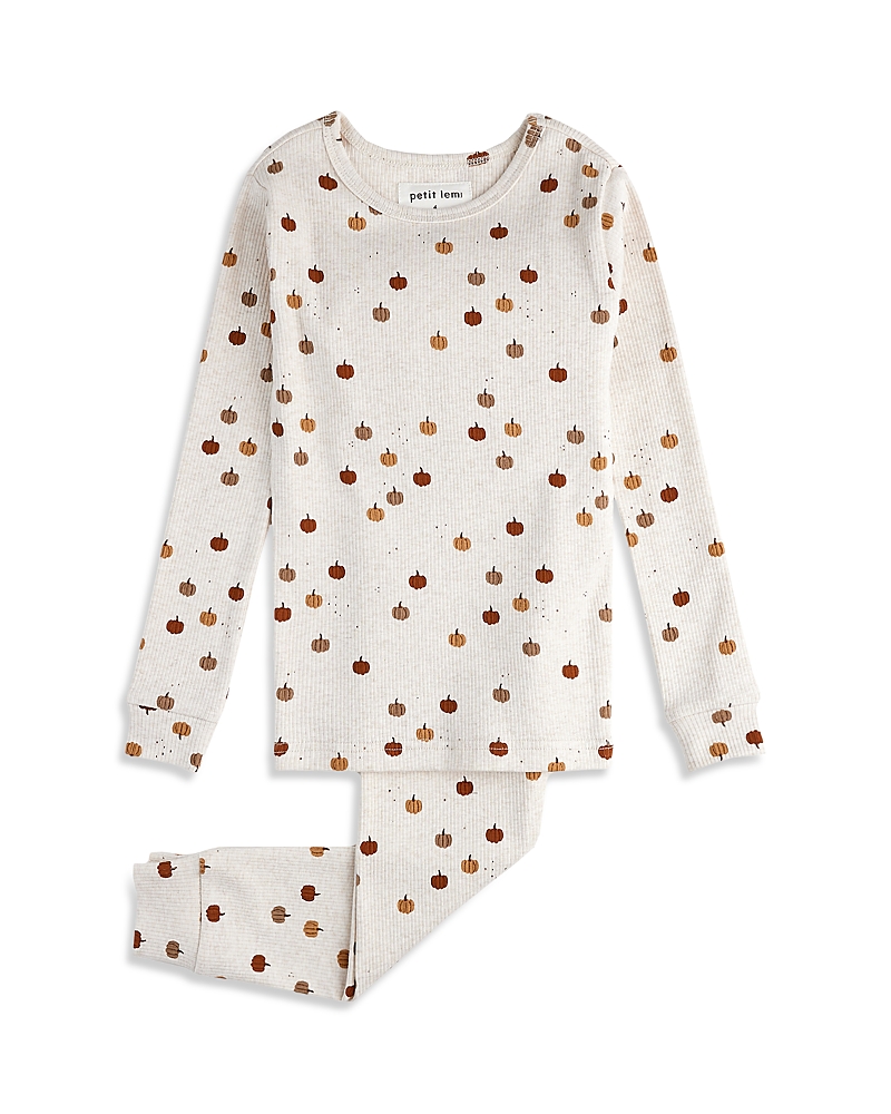 Petit Lem Unisex Pumpkin Print On Heathered Oatmeal Pajama Set - Little Kid, Big Kid In White