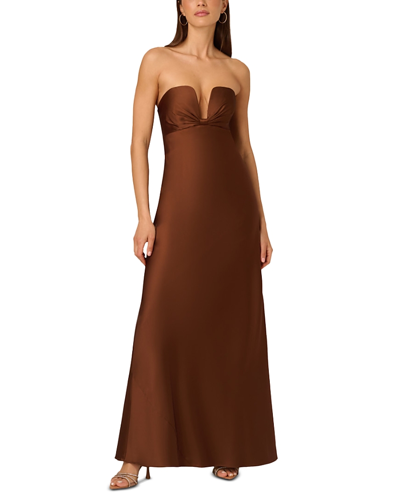 Adrianna By Adrianna Papell Stretch Satin Long Dress In Brown