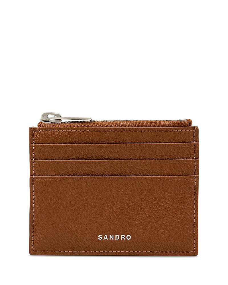 Sandro Mens Cognac Zipped Logo-embossed Leather Card Holder In Brown