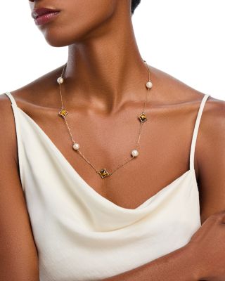 Tiger Eye & Cultured Freshwater Pearl Necklace in 14K Yellow Gold, 22"