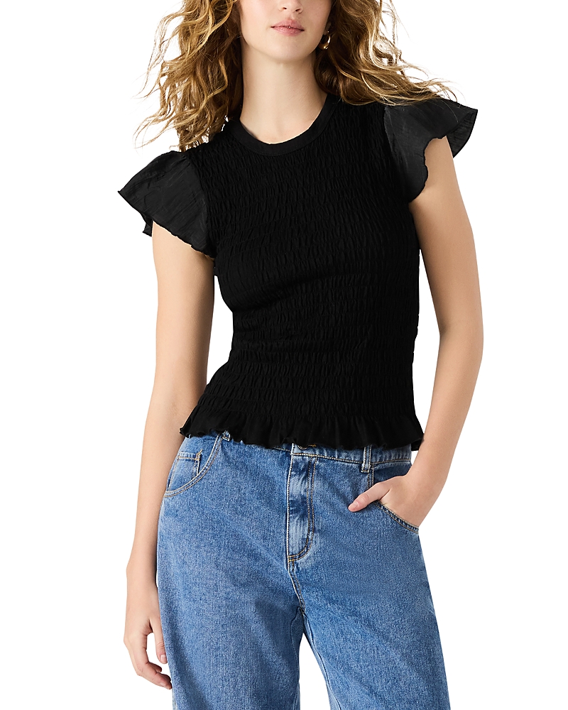 Steve Madden Cecilie Smocked Ruffle Cotton Sleeve Top In Black