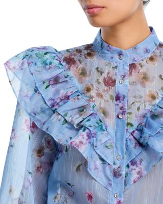 Placed Floral Ruffled Long Sleeve Blouse - Exclusive