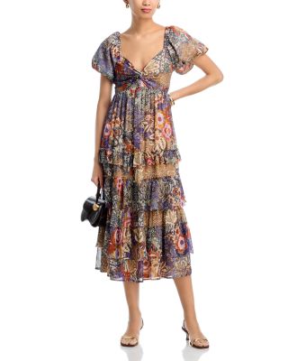 Metallic Floral Print Midi Boho Dress - Exclusive