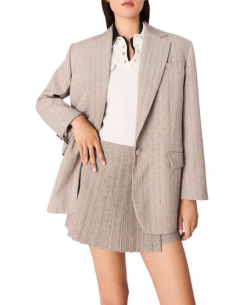 Maje Womens Light Grey Rhinestone-embellished Single-breasted Stretch-woven Blazer In Gray