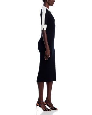 Elbow Sleeve Split V Neck Collar Rib Dress with Contrast Trim