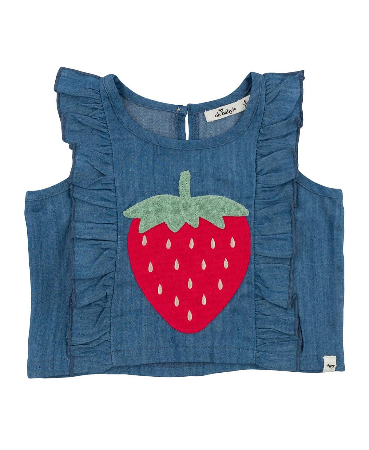 oh baby! Girls' Lola Strawberry Applique with Millie Ruffle Lyocell Denim Blouse - Baby, Little Kid