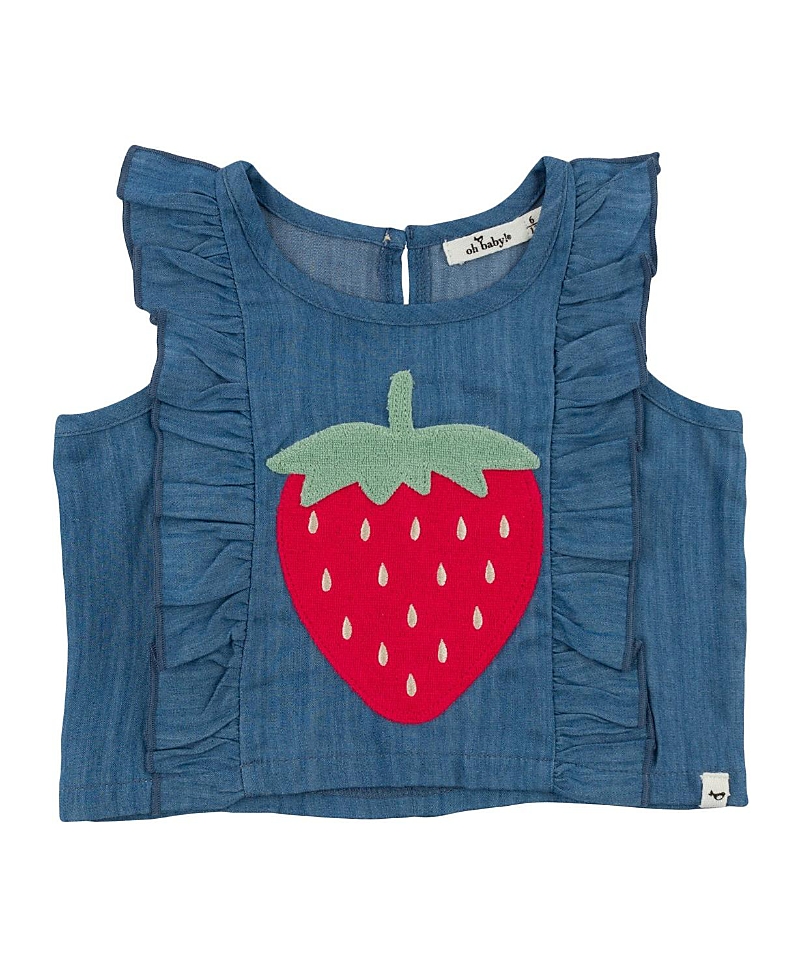 Oh Baby ! Girls' Lola Strawberry Applique With Millie Ruffle Lyocell Denim Blouse - Baby, Little Kid In Blue