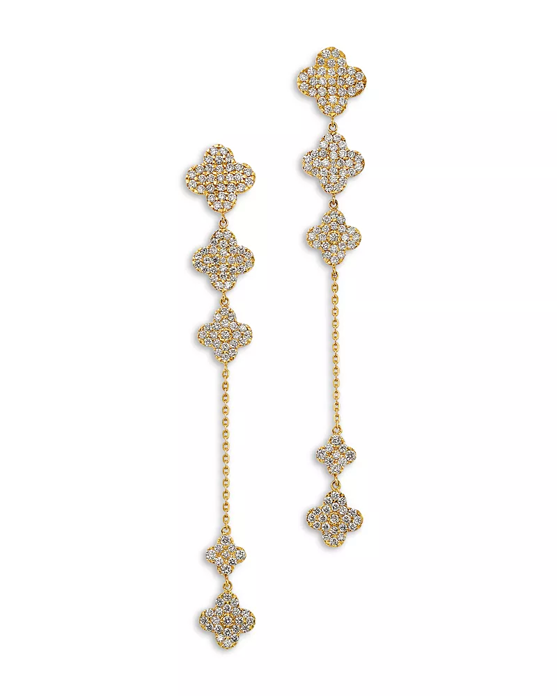 Bloomingdale's Fine Collection Pave Diamond Clover Linear Earrings in 14K Yellow Gold, 1.25 tcw