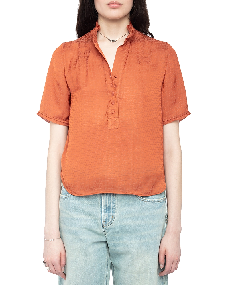 Zadig & Voltaire Womens Sienna Short-sleeved Frill-collar Satin Shirt In Brown