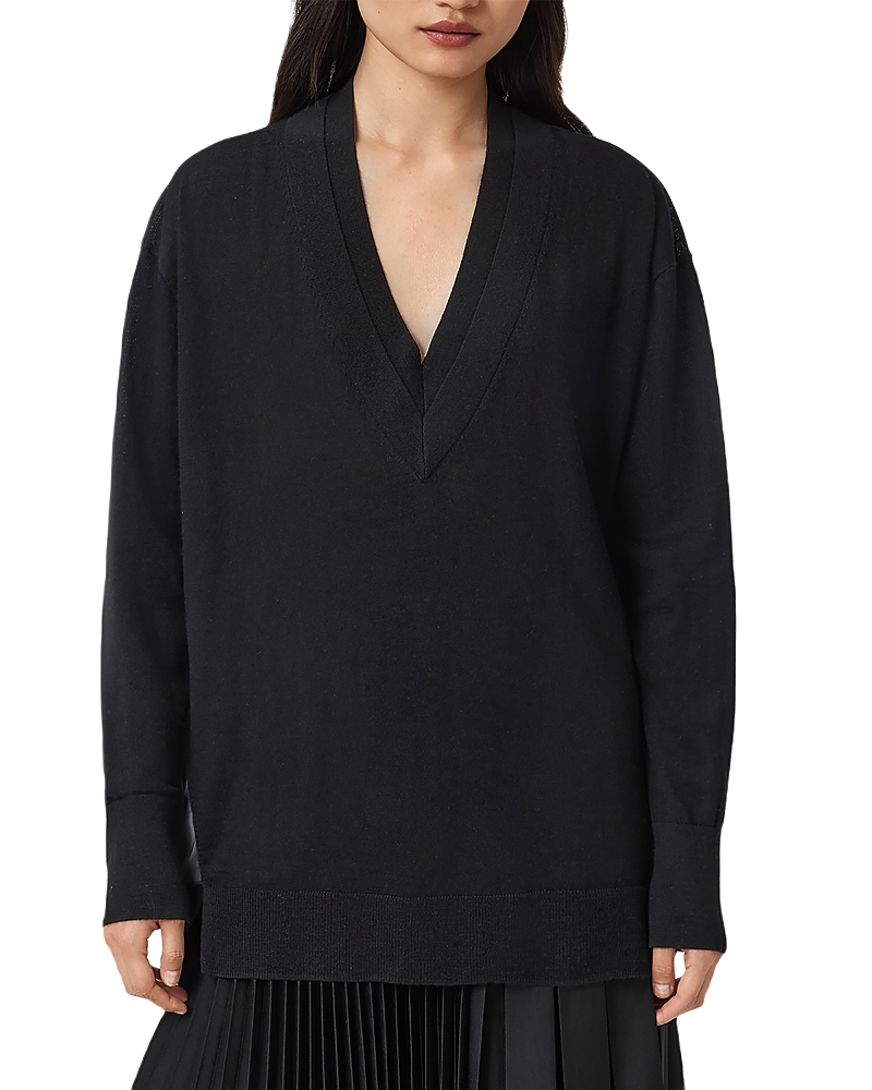 Allsaints Bern Paneled V Neck Sweater In Black