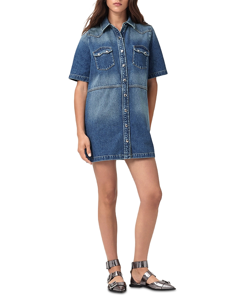 Allsaints Womens Mid Indigo Rock Flap-pocket Denim Mini Dress In Blue