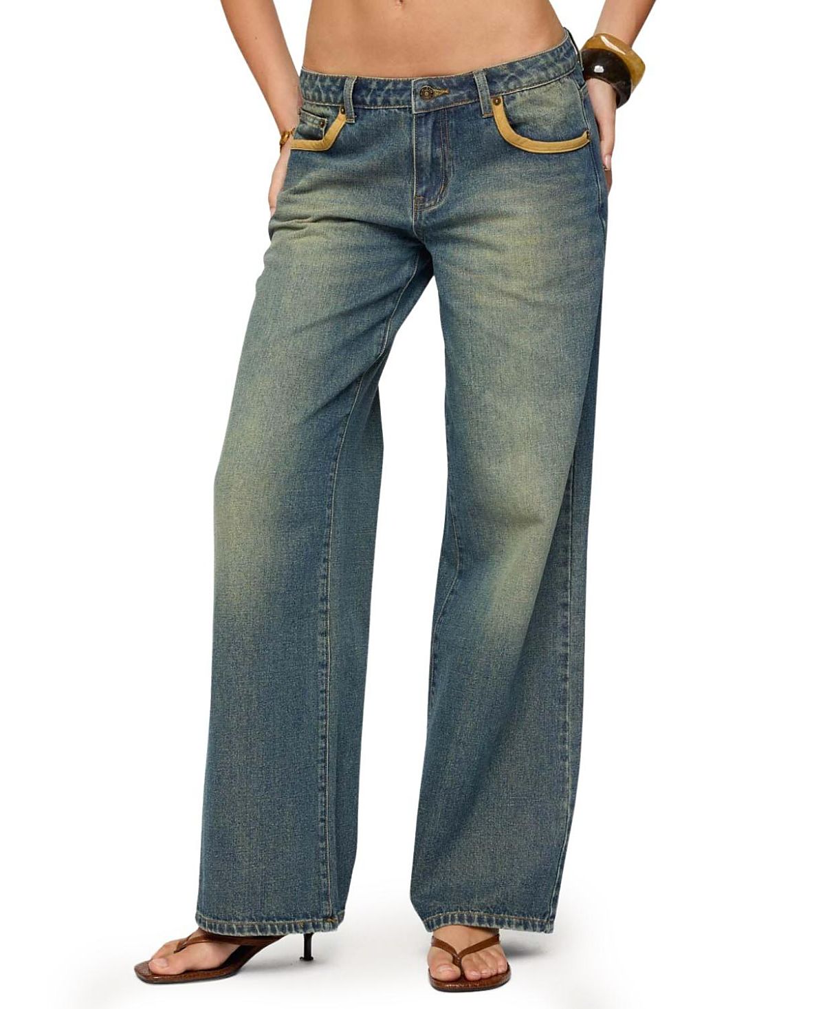 Edikted Faux Suede Star Low Rise Blue Wash Jeans