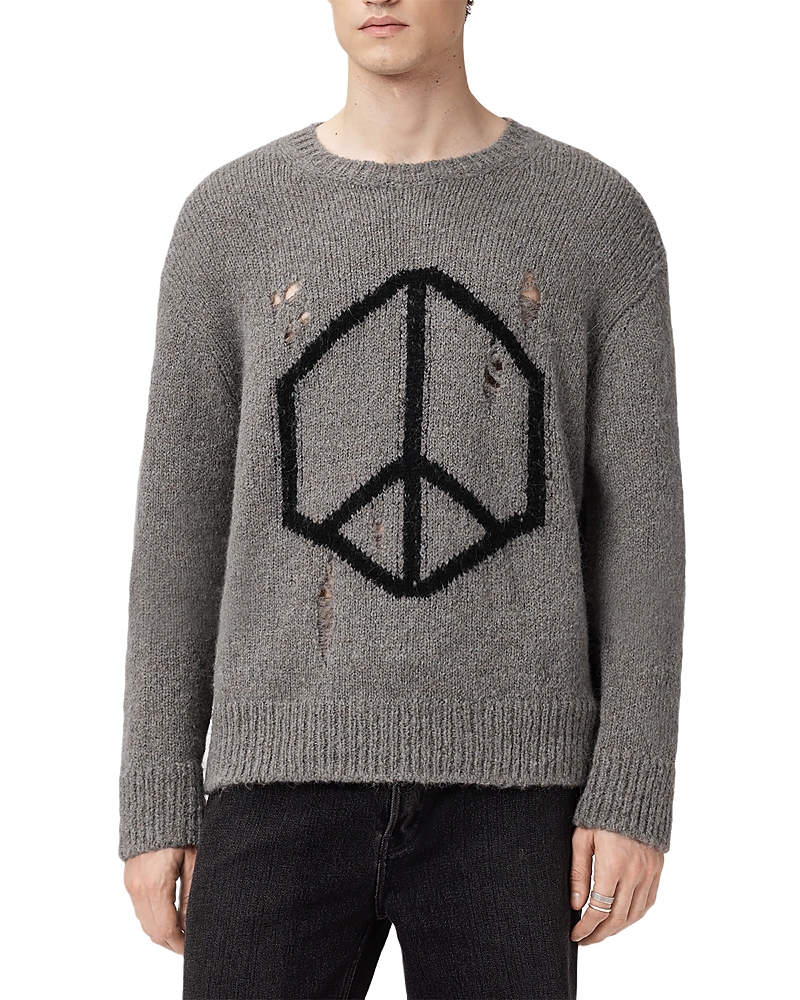 Allsaints Mens Gunmetal Grey Message Crewneck Knitted Jumper Xs In Green