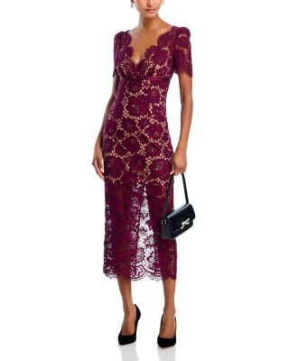 Burgundy Floral Lace Midi Dress